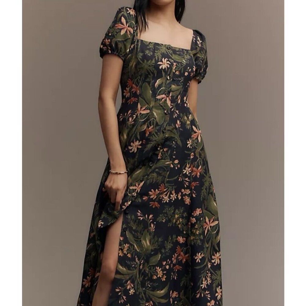PAIGE Silk Linen Floral Puff Sleeve Midi Dress Blue Green Cottagecore Flaw - Picture 1 of 10